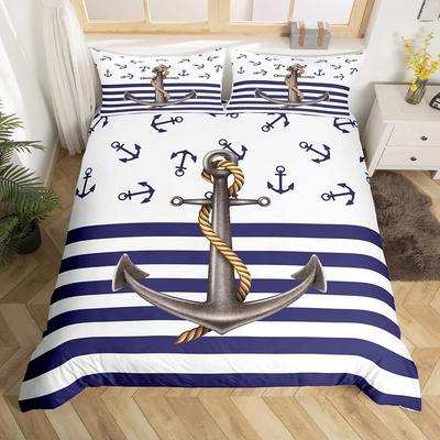 Ankare Nautisk Ångbåt Sängkläder Set Hav Kust Tema Blå Och Vit Randig Påslakan För Barn Vuxna King Size Påslakan