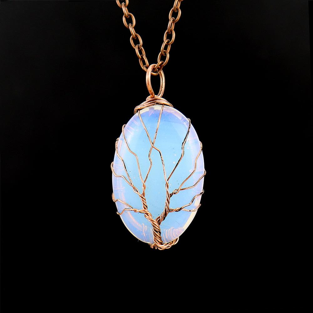 Natural Crystal Rough Stone Hand-Wound Egg-Shaped Tree Of Life Pendant Necklace N645