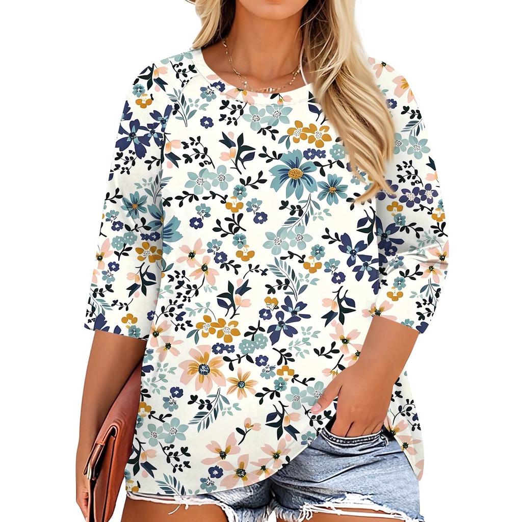 Women's Fashion Casual Print Round Neck 3/4 Sleeve T-Shirt Top