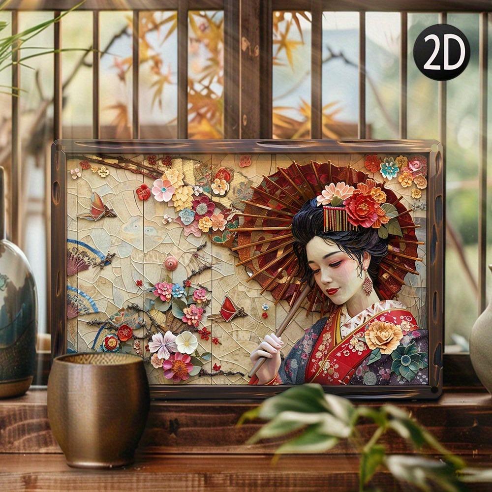 Japanese Geisha Metal Wall Art  Vintage Oriental Style D Relief Sculpture with Umbrella  Floral Design Decorative Plaque for