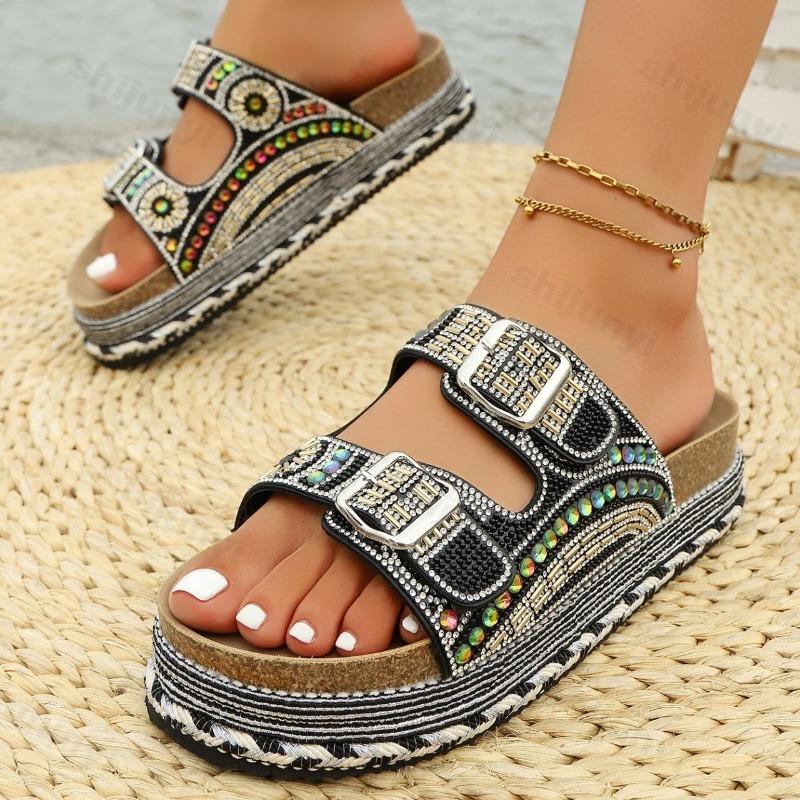 Fashion 2025 Summer Fashion Rhinestone Design Casual Thick Soled Slippers for Women Open Toes Comfortable Versatile Beach Chunky Sandals