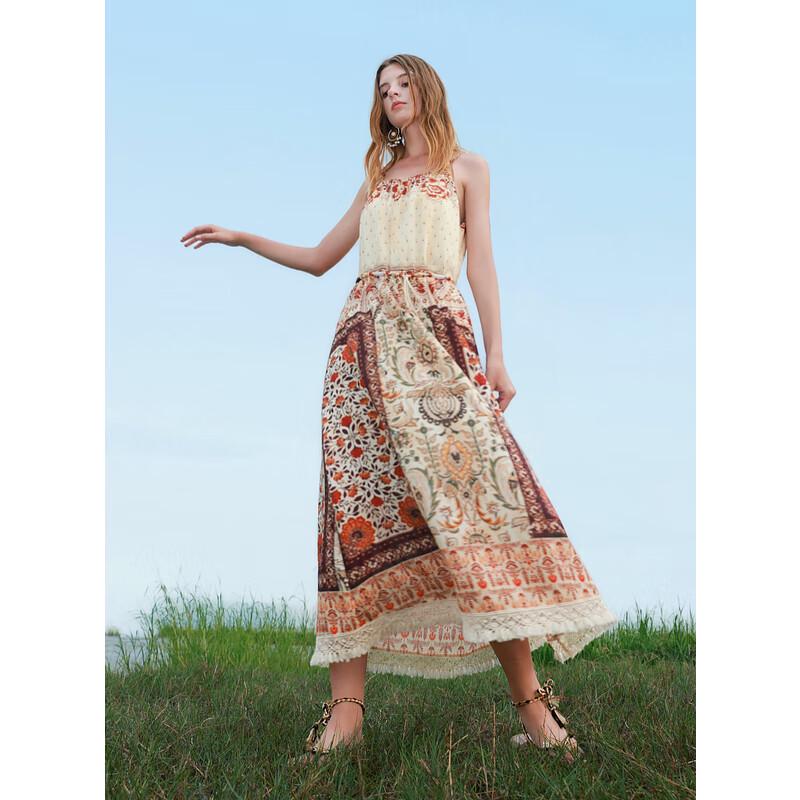 

Sancai 2025 Летнее Ретро Платье Макси А-силуэта на Бретелях Спагетти с Бисерной Отделкой L