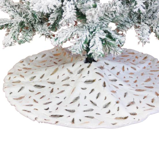 35 Inch Christmas Tree Skirt Gold Sequin Feather Snowflake Pattern White Faux Fur Tree Skirt Fluffy Plush Tree Base Mat for Holiday Home Decor