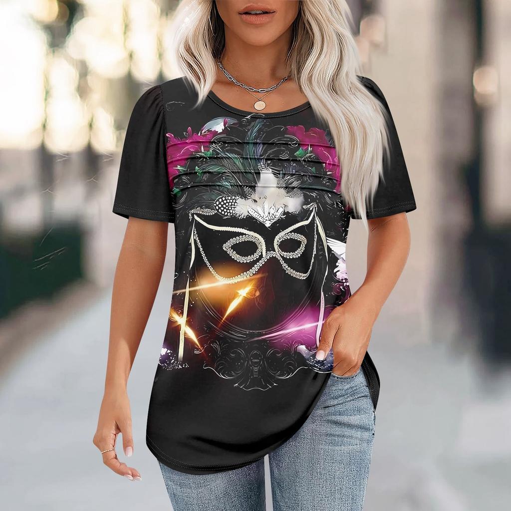 Women's Carnival Mask Print Short Sleeve Loose Round Neck Pleated Top