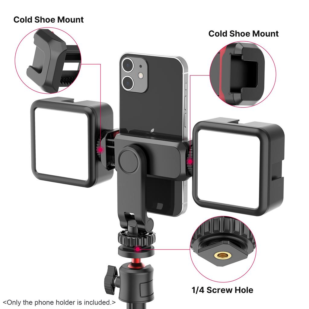 Multi functional Phone Holder Clamp Phone Tripod Mount 360 degrees Rotatable with Dual Cold Shoe Mounts for Smartphone