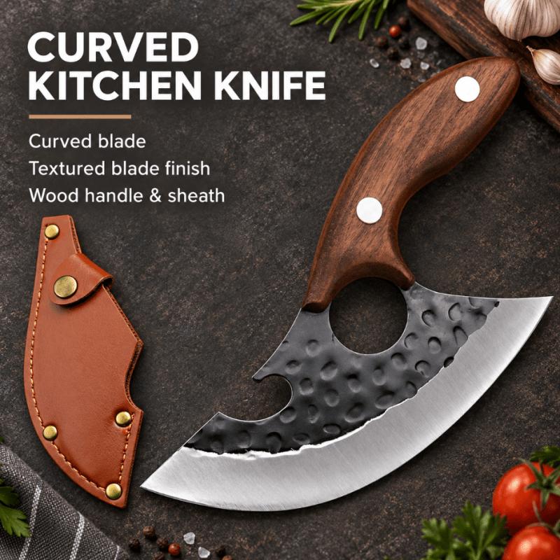 Hand Forged Curved Kitchen Knife, Hammer Pattern High Carbon Steel Blade, Ergonomic Wooden Handle, Matching Leather Sheath Included