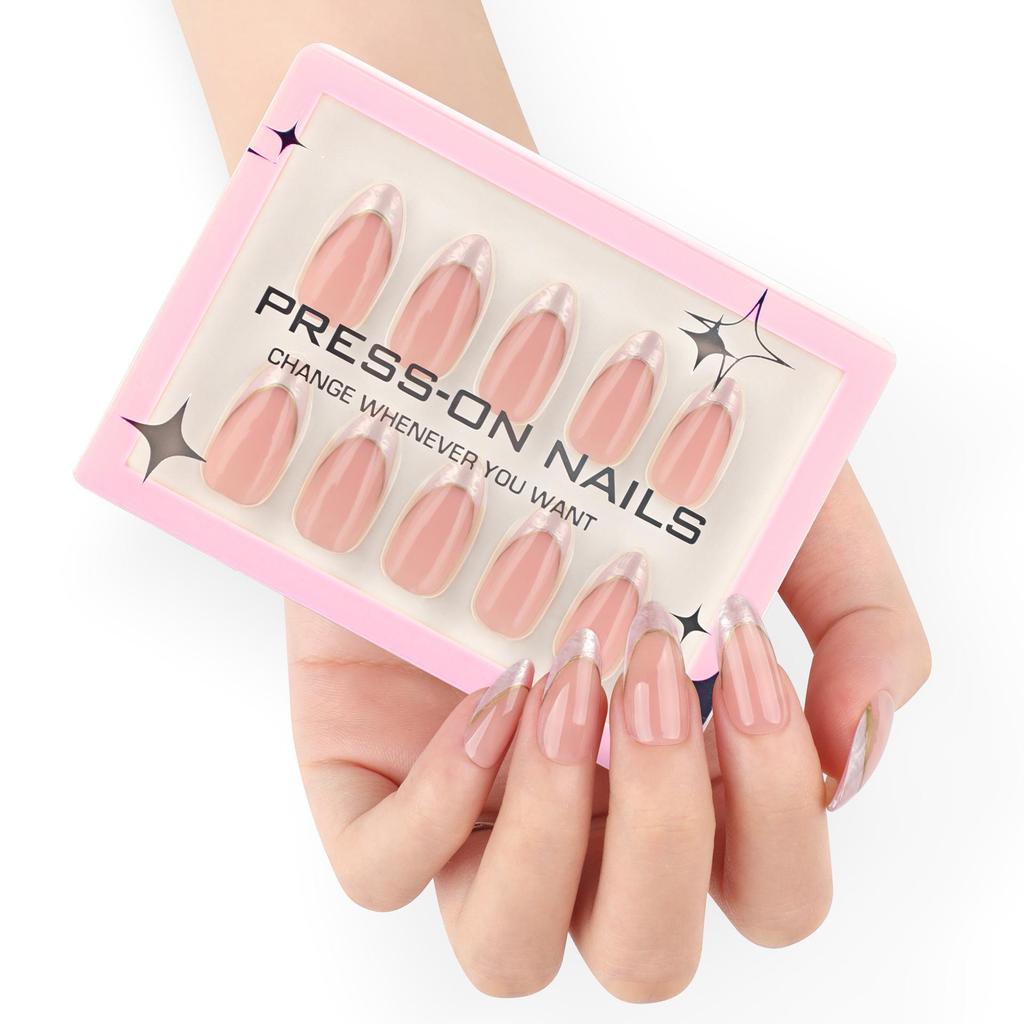 Elegant Gold-Curved French White Marble Wearable Nail Art Tips