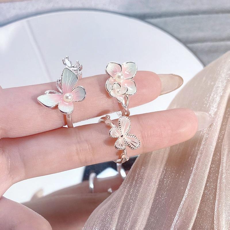 Sweet Flower Butterfly Cool Feeling Enamel Dripping Oil Opening Ring Girlish Feeling Light Luxury High Feeling Niche Index Finger Ring