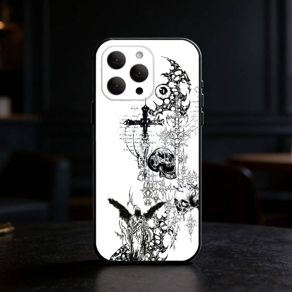 Gothic Cyber Sigil Cross Eyes Skull Phone Case For iPhone 17,16,15,14,13,12,11 Plus,Pro Max,SE4Soft Silicone Black Cover