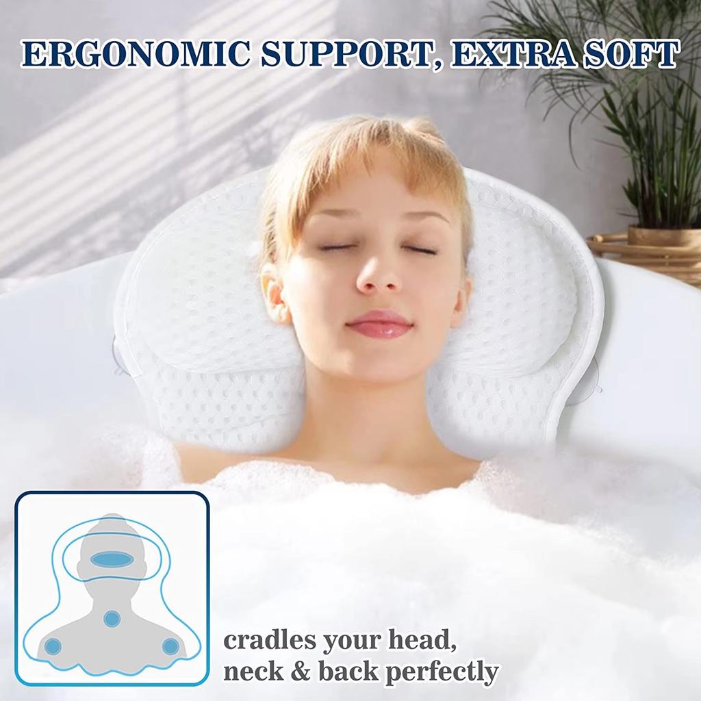 Ergonomic 4D Bathtub Pillow Machine Washable Head Shoulder Support Bath Cushion with 6 Suction Cups