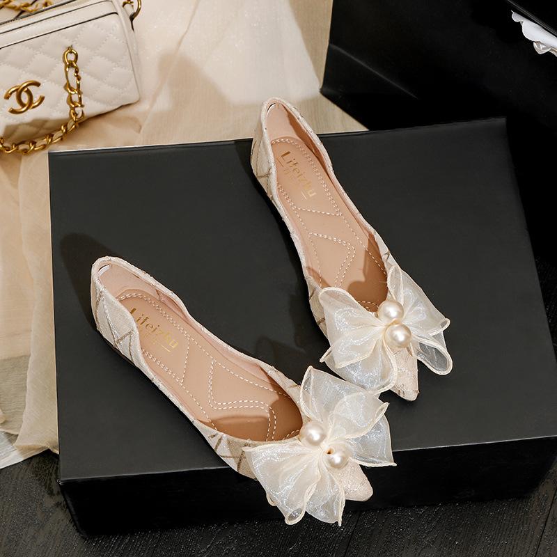 Übergröße Ballerinas für Damen Sommer Spitz Zehenbereich Perle Schleife Slipper Mädchen Slip-on Bootsschuhe Damen Schöne Sandalen