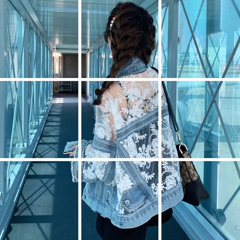 Women's Summer Lace Spliced Denim Jacket - Casual Fairy Style with Mesh Embroidery and Ripped Details