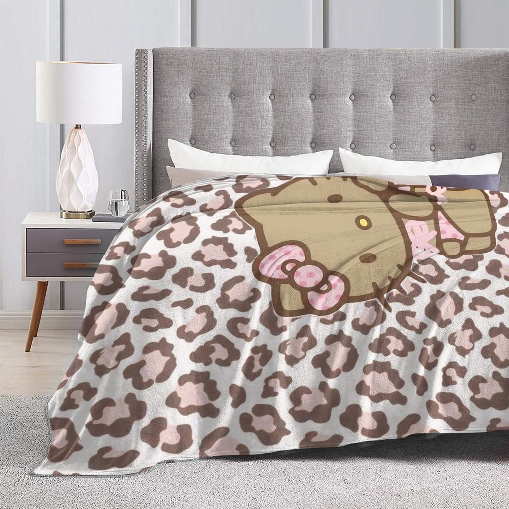 Leopard Hello Kitty Cartoon Blankets Coral Fleece Plush  Winter  Portable Lightweight Throw Blankets for Bed Outdoor Quilt