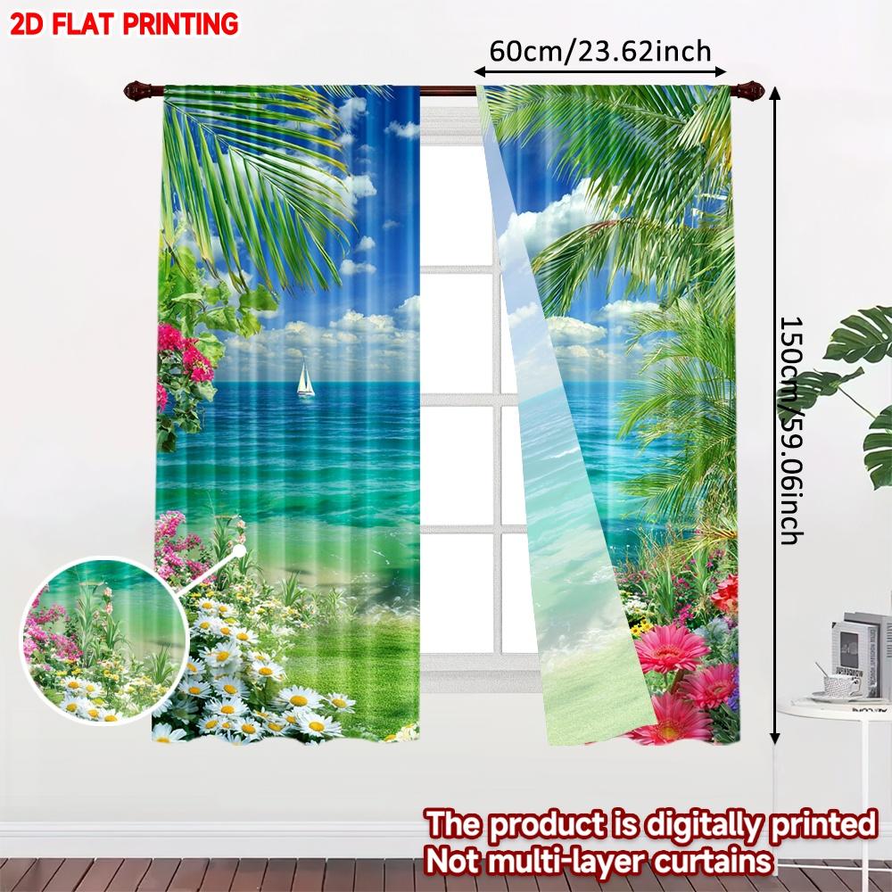 Set Of 2 Tropical Beach Curtains Ocean View Palm Trees Colorful Flowers Light Blue Background Living Room Curtain Polyester Ideal For Great