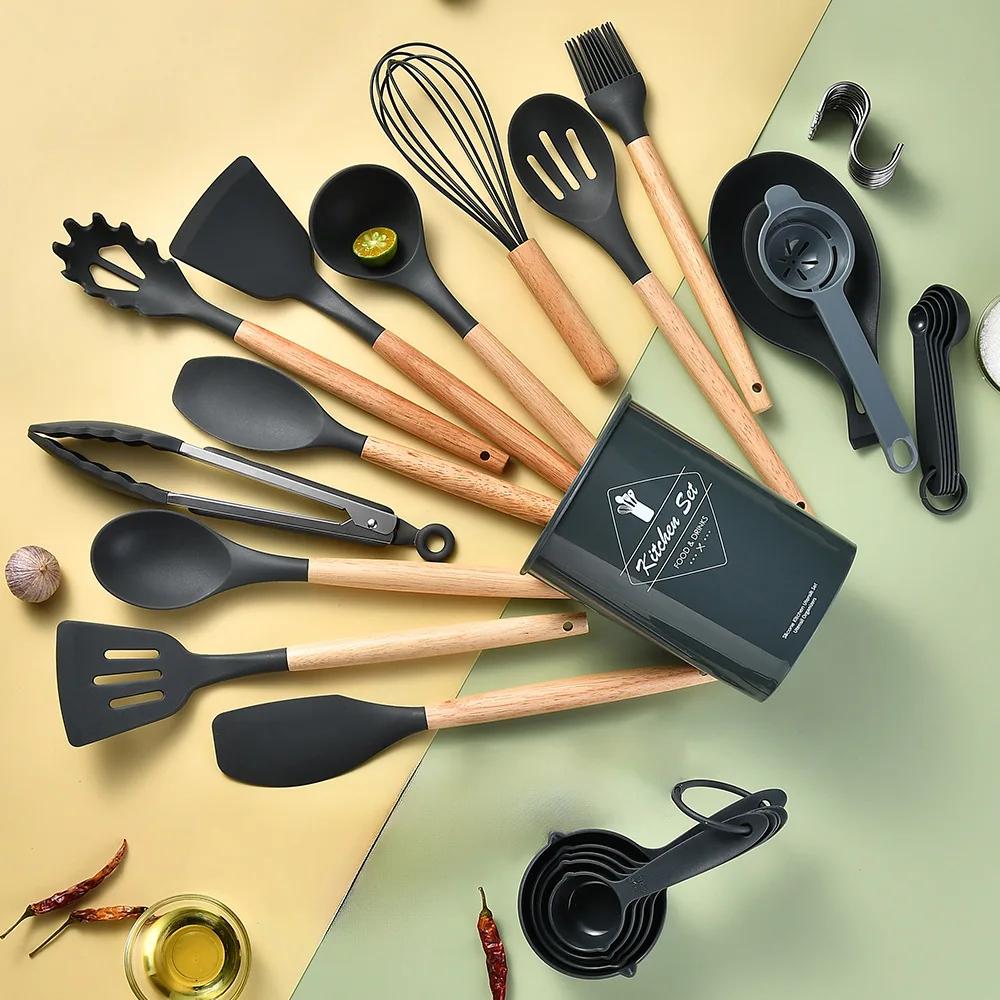 

34Pcs Silicone Utensils Set Black Non-Stick Cookware Wooden Handle Spatula Shovel Egg Beaters Kitchenware Kitchen Accessories