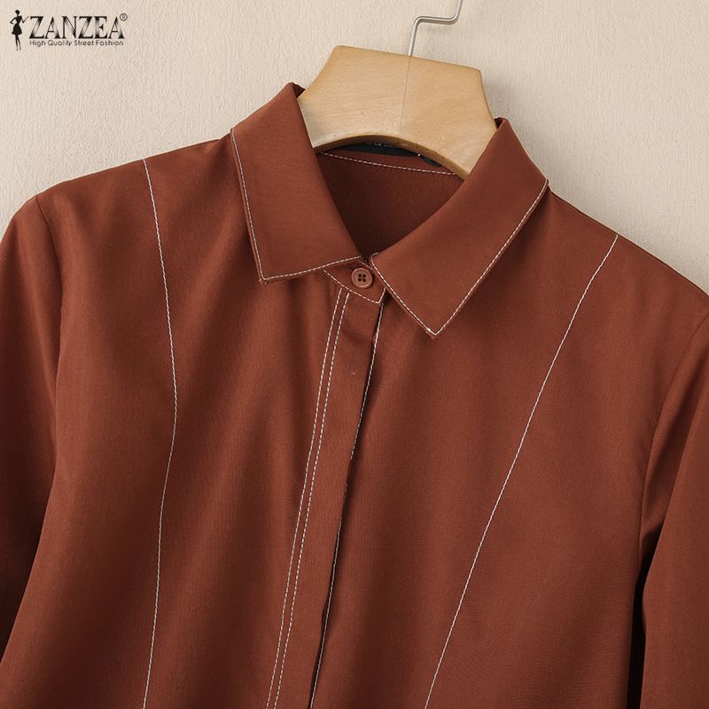 ZANZEA Women Casual Turn Down Collar Solid Color Loose Long Sleeve Blouse