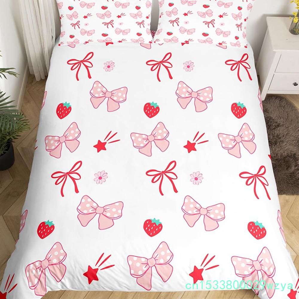 Bowknot Girlish Duvet Cover Cherry Cake Cartoon Bedding Set Cute Dots Love Heart Bow-tie Comforter Cover,Pink Kawaii Quilt Cover