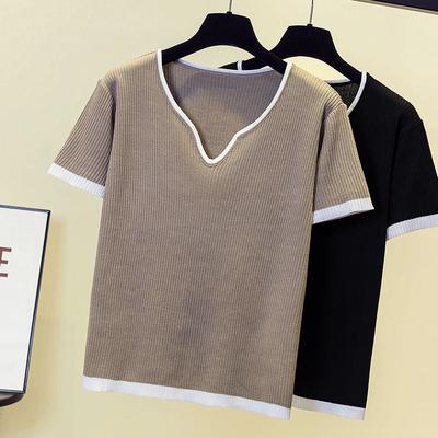 Thin Ice Silk Sweater for Women Short-sleeved Summer New High-end Khaki Chicken Heart V-neck Loose Top