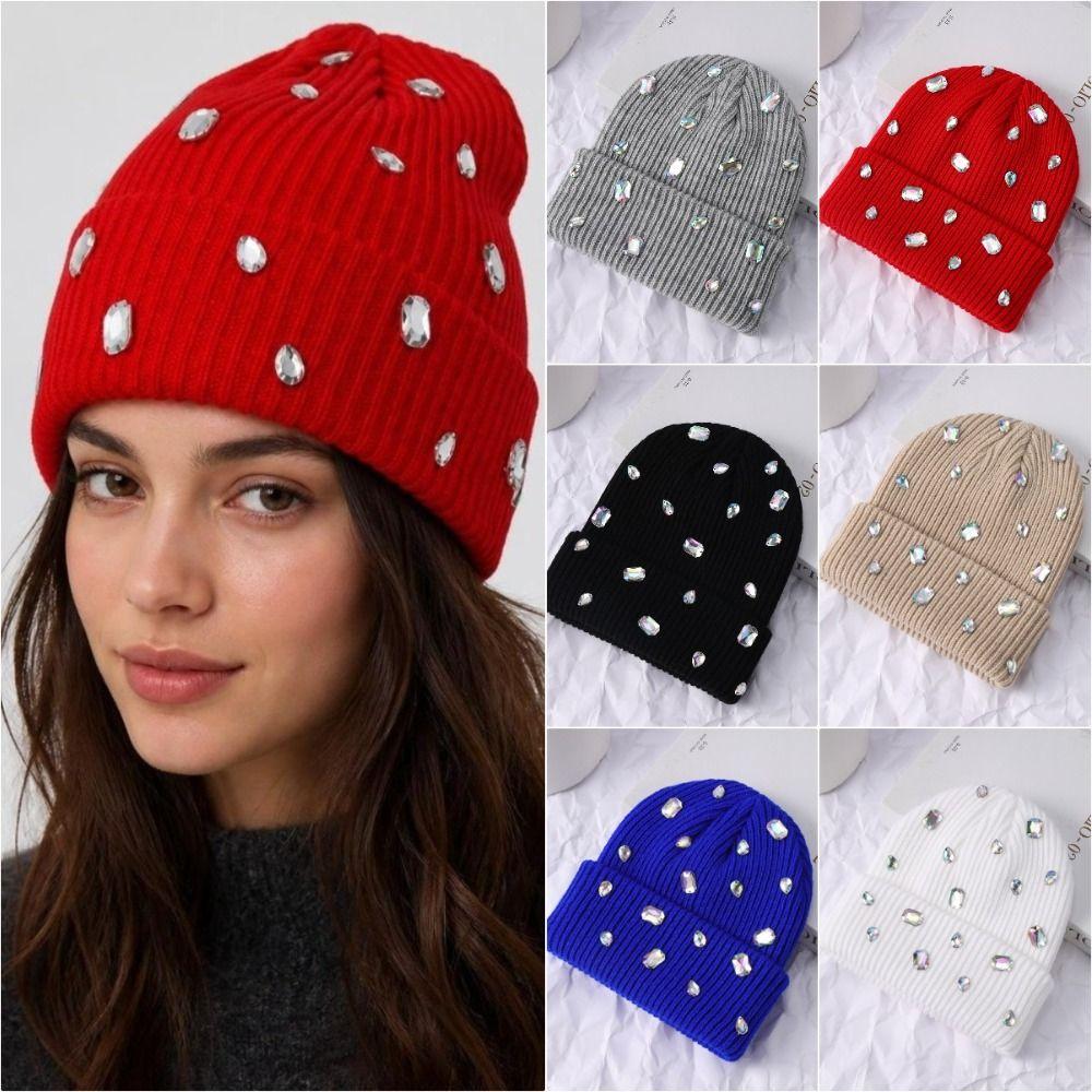 Rhinestone-embellished Pullover Knit Cap Solid Color Skull Cap Rhinestone-adorned Hat Winter
