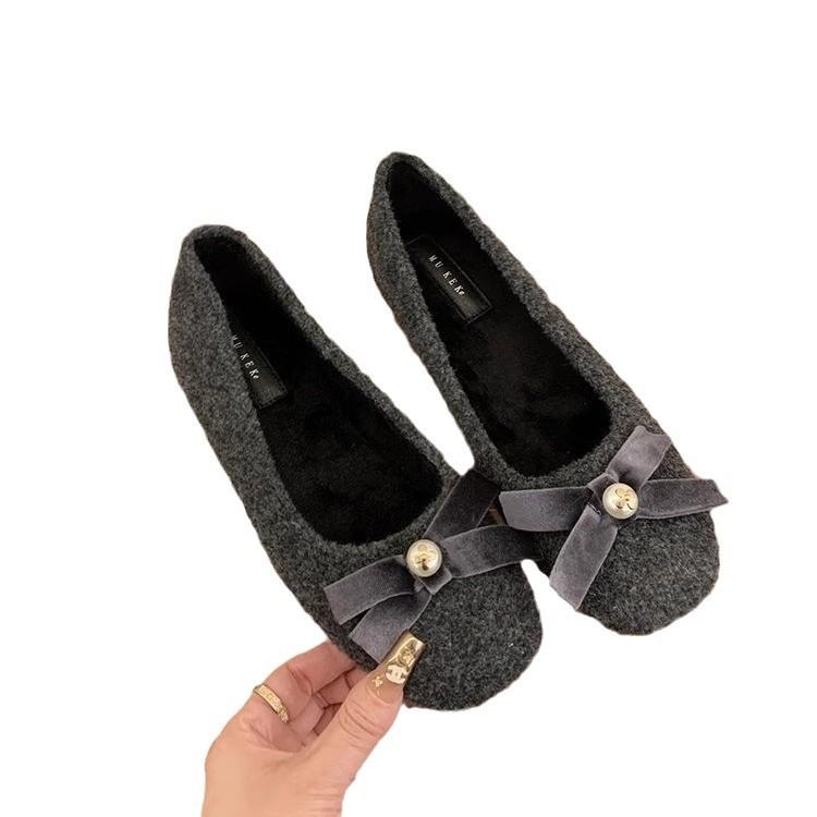 Gentle little fragrant Mary Jane shoes winter 2025 French gentle fairy inner heightening bow velvet single shoes