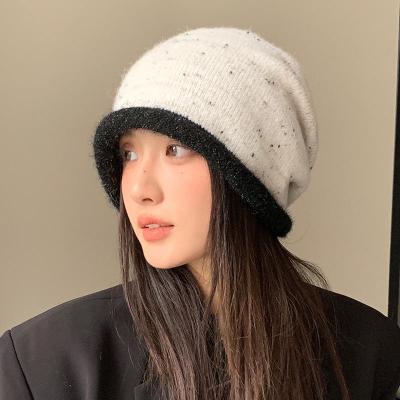 Autumn and winter ear protection warm bag head hat women's big head circumference showing face small pile hat color matching versatile knitted hat