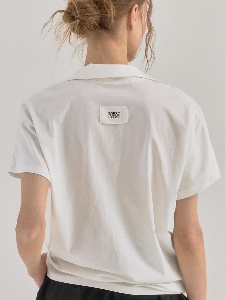 SORRY, TOO MUCH LOVE Relaxed Fit Open Placket Polo Top_White