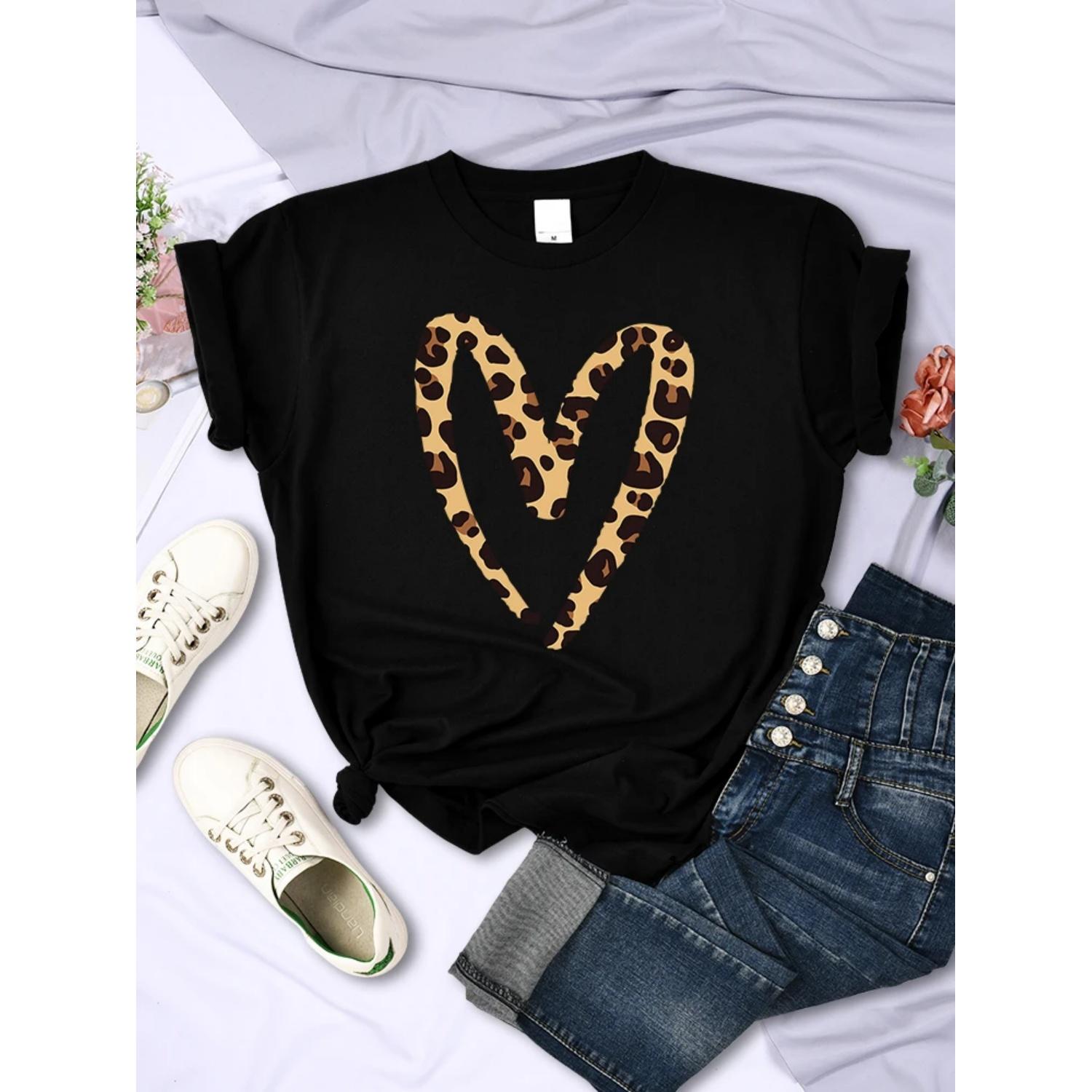 Женская футболка с леопардовым принтом и вырезами, модная повседневная футболка, уличная спортивная, мягкая, дышащая футболка для женщин S чёрный