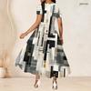 Women Plus Size Round Neck Short Sleeve Navy Blue Printed A Line Long Dress