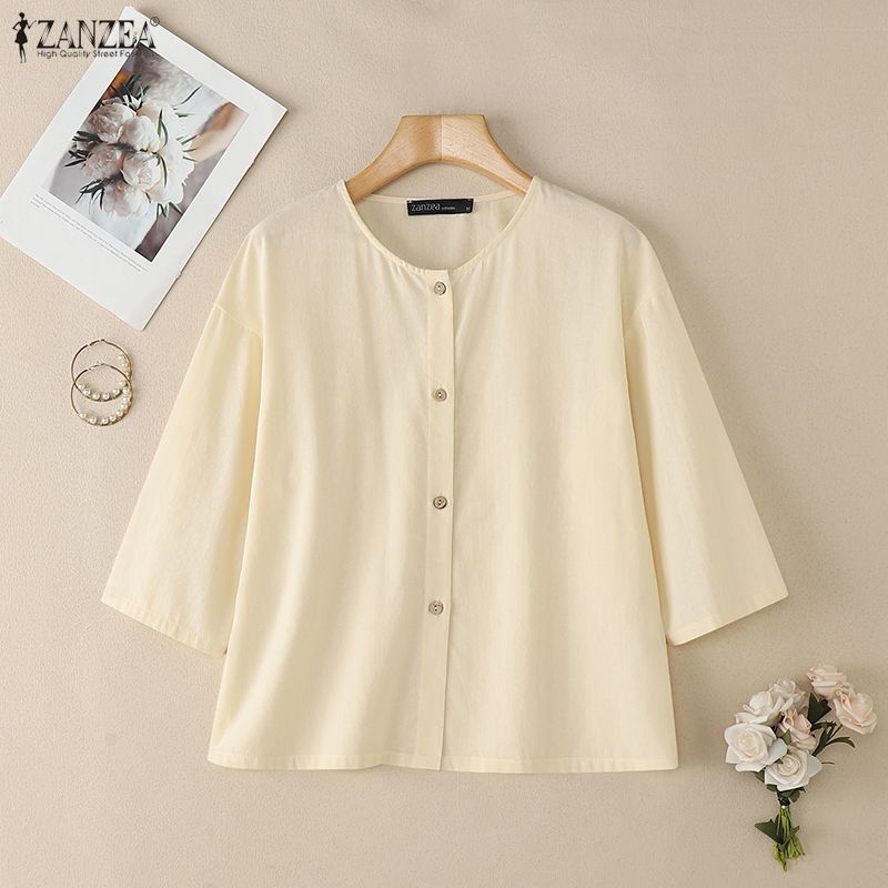 ZANZEA Women Round Neck 3/4 Sleeve Loose Casual Blouse