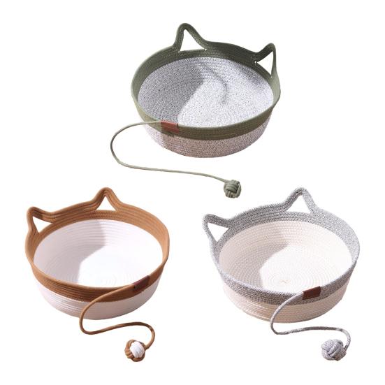 Handwoven Rope Cat Basket Cat Bed Basket with Rope Knot Ball Cat Ear Design Foldable Cat Bed for Indoor Cats Lounging Sleeping Entertainment
