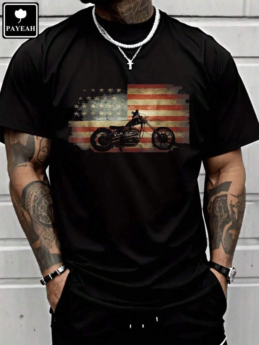 Retro Vintage USA Flag Motorcycle Patriotic America Biker T- Shirt Heavy Cotton T Shirt S разноцветный