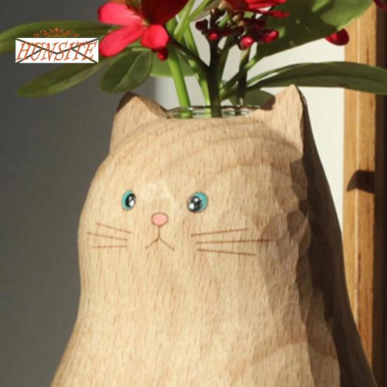 Handgefertigte Katzenvase aus Holz, Tischdekoration aus Kunstharz