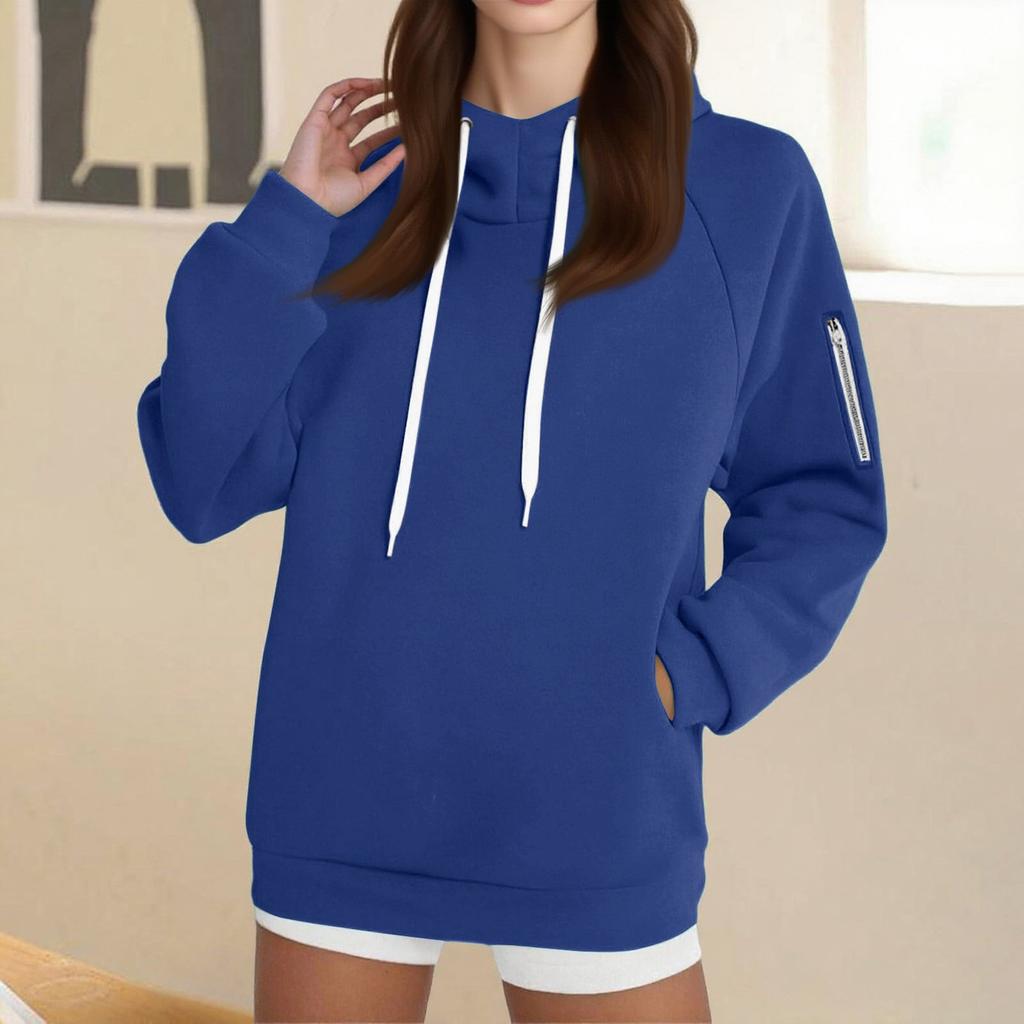 Women's Fashion Oversized Long-Sleeve Zipper Drawstring Solid Color Hooded Sweatshirt