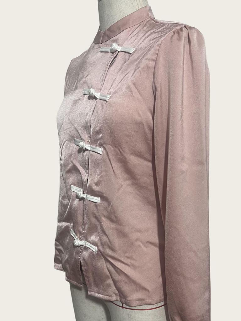 Damen Retro Stehkragen Froschknöpfe Langarm Top – Lockerer Schnitt