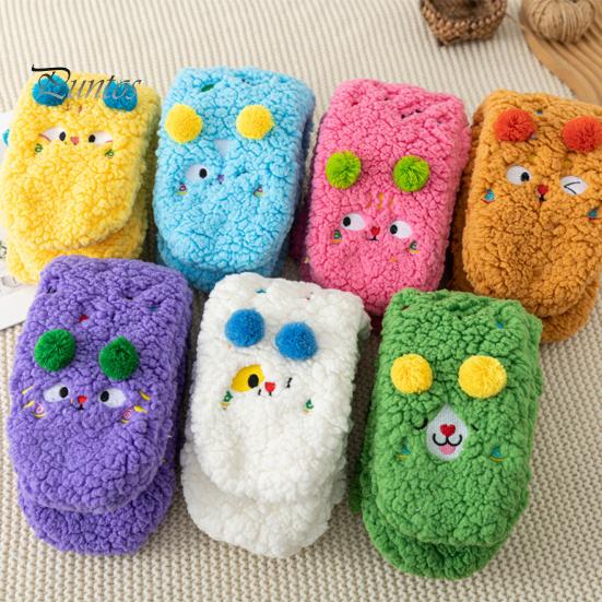 1 Pair Winter Floor Socks Cartoon Design Animal Embroidery Ultra Thick Fleece Keep Warm Mid-tube Non-slip Slipper Socks