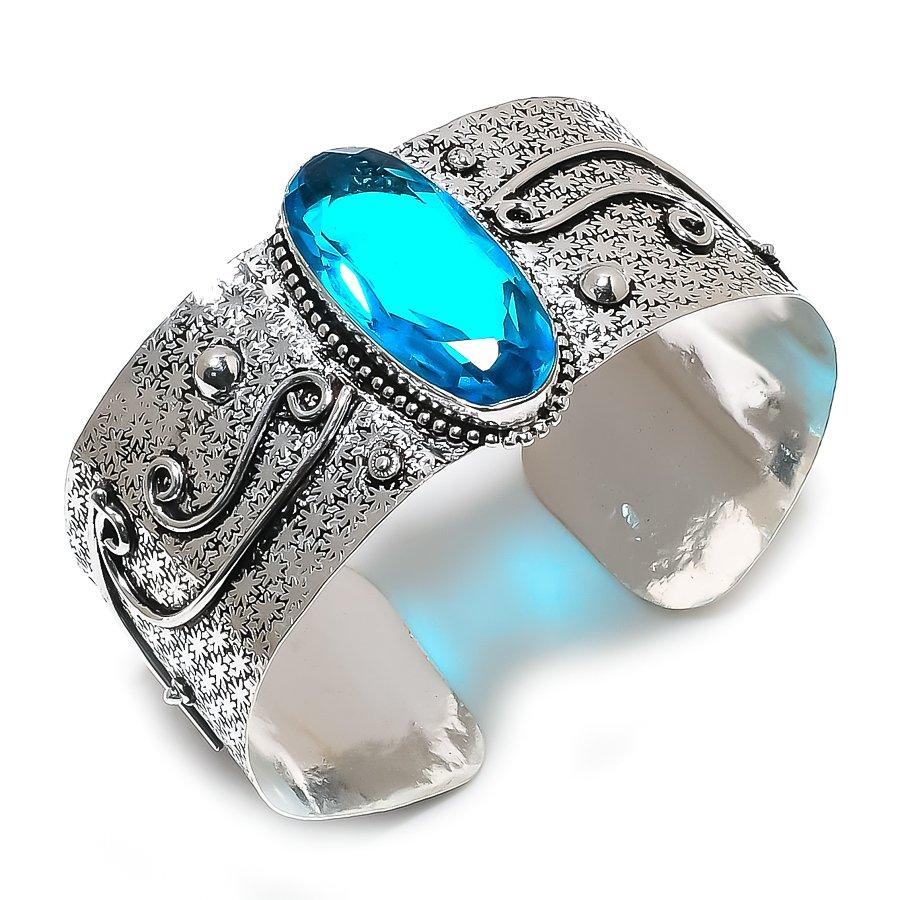 Natural Blue Topaz Gemstone 925 Sterling Silver Cuff Bangle Adjustable AC-1433
