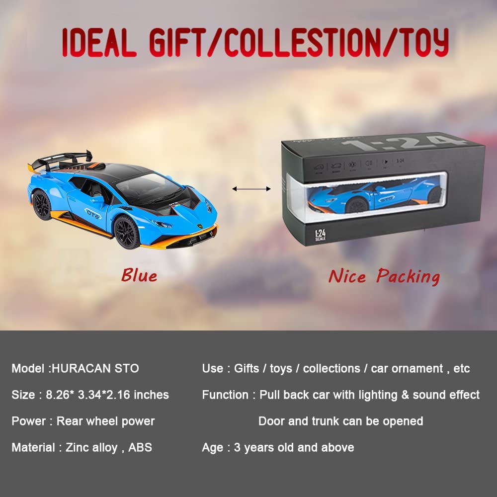 1:24 Scale Alloy Diecast Car Model for Lambo Huracan STO 2021, Pull Back Vehicles Model Cars Toy with Light & Sound for Kids Adult Collection