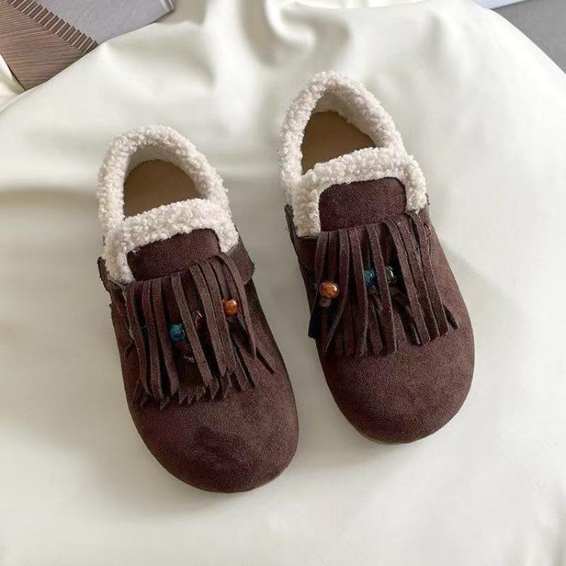 Retro autumn and winter new versatile tassel soft-soled lazy wool cotton shoes
