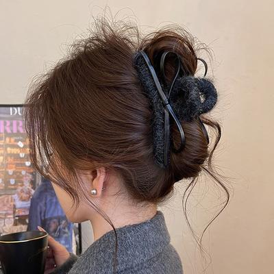 Hair Claw Clip For Autumn Winter Features Plush Leather Bowknot Strong Hold Stylish For Most Occasion Multi Color