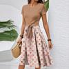 Women's Casual Fashion Belted Vintage Printed Short Sleeve Round Neck Elegant Dress