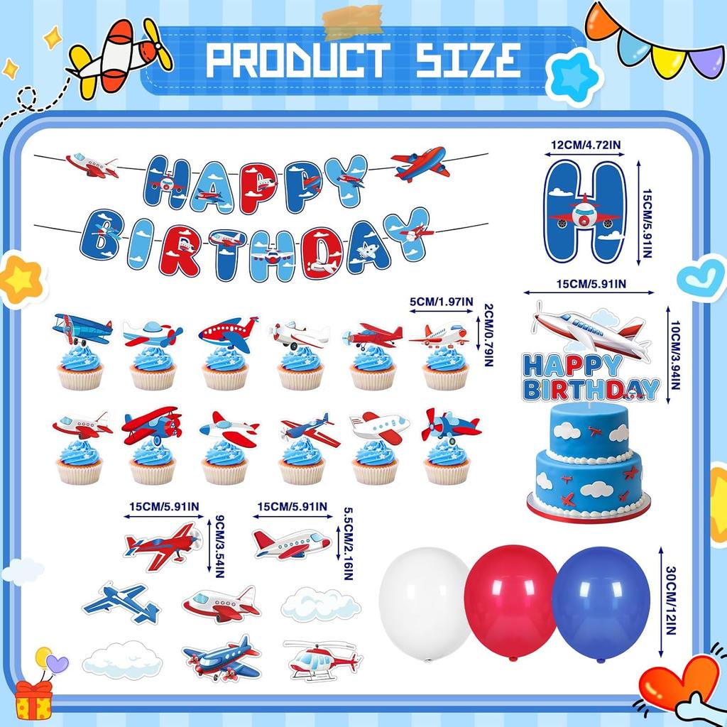 Airplane Birthday Party Decorations - 49PCS Airplane Themed Party Decorations with Banners Balloons Cupcake Toppers Hanging Swirls Plane Birthday
