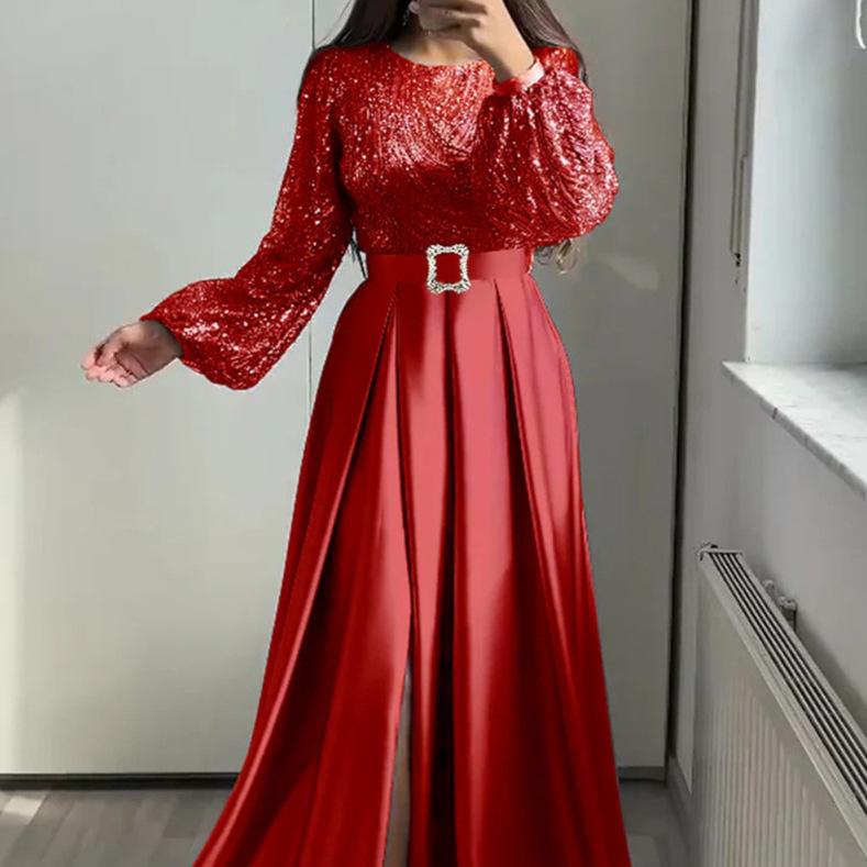 European Beautiful Women Banquet Long-sleeved Temperament Socialites Annual Meeting Host Aura Queen Sequined Evening Dress