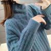 Frauen Rollkragenpullover Verdicken Warme Herbst Winter Lose Pullover Pull Jumper Dame Übergroßen Lila Gestrickte Streifen