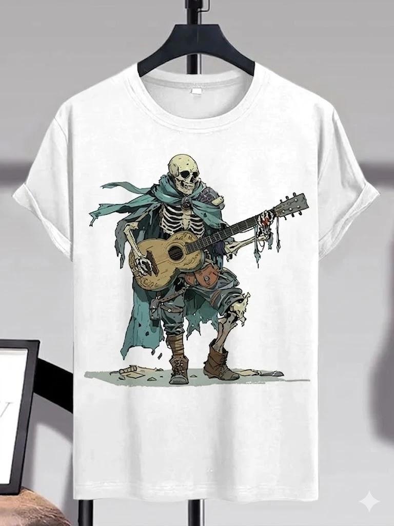 Skeleton Guitar Music Vintage Fantasy Art Graphic T T-Shirt L