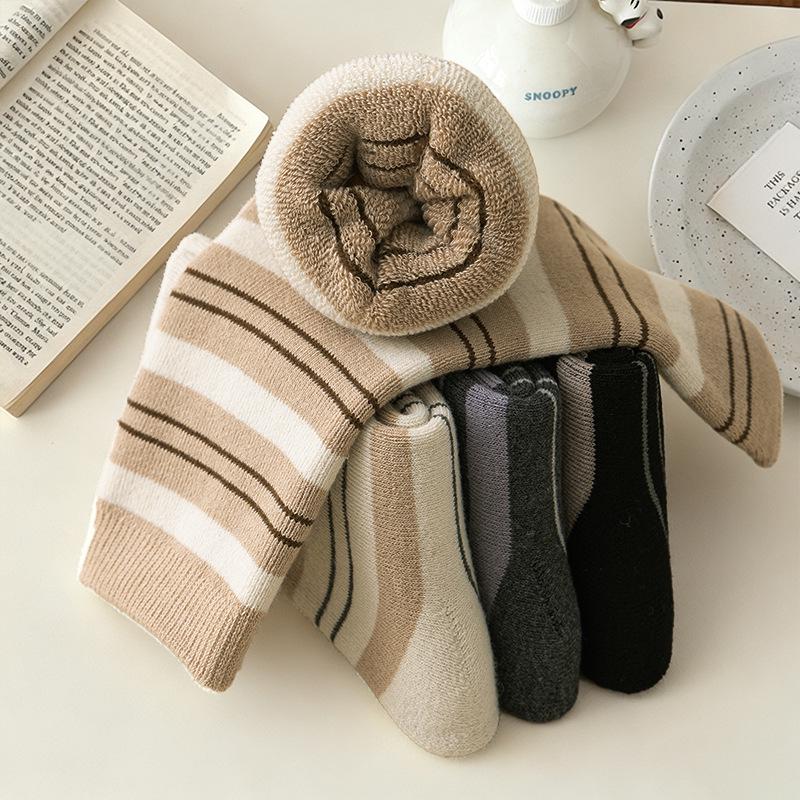 Women's Striped Terry Socks - Extra Thick, Warm, and Soft Mid-Calf Socks for Autumn and Winter