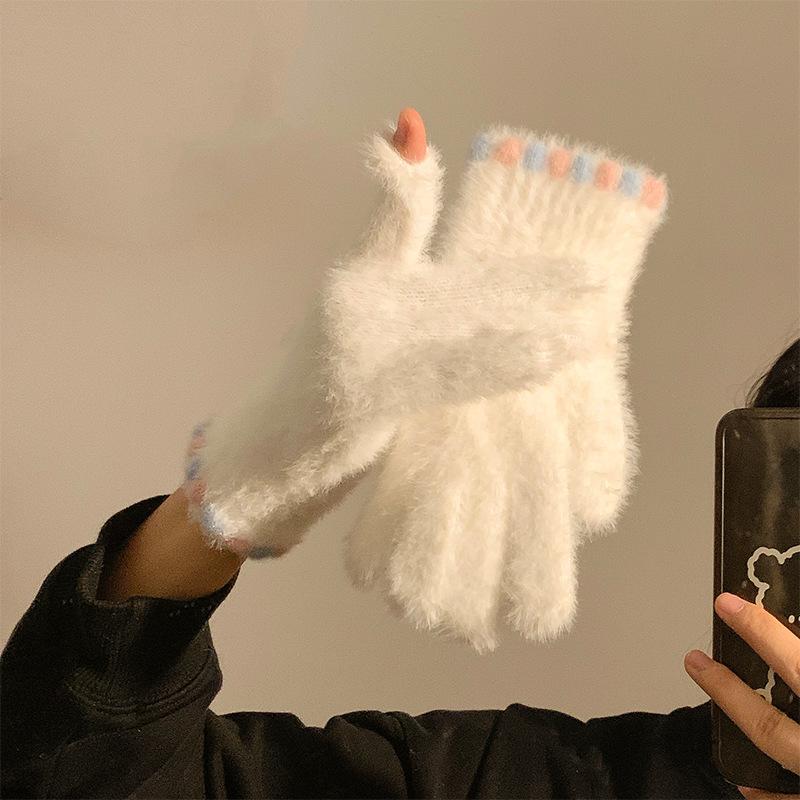 Cute Jelly Bean Fingerless Touch Screen Plush Five Finger Gloves for Women To Keep Warm in Winter and Velvet Thickened for Cycling Students