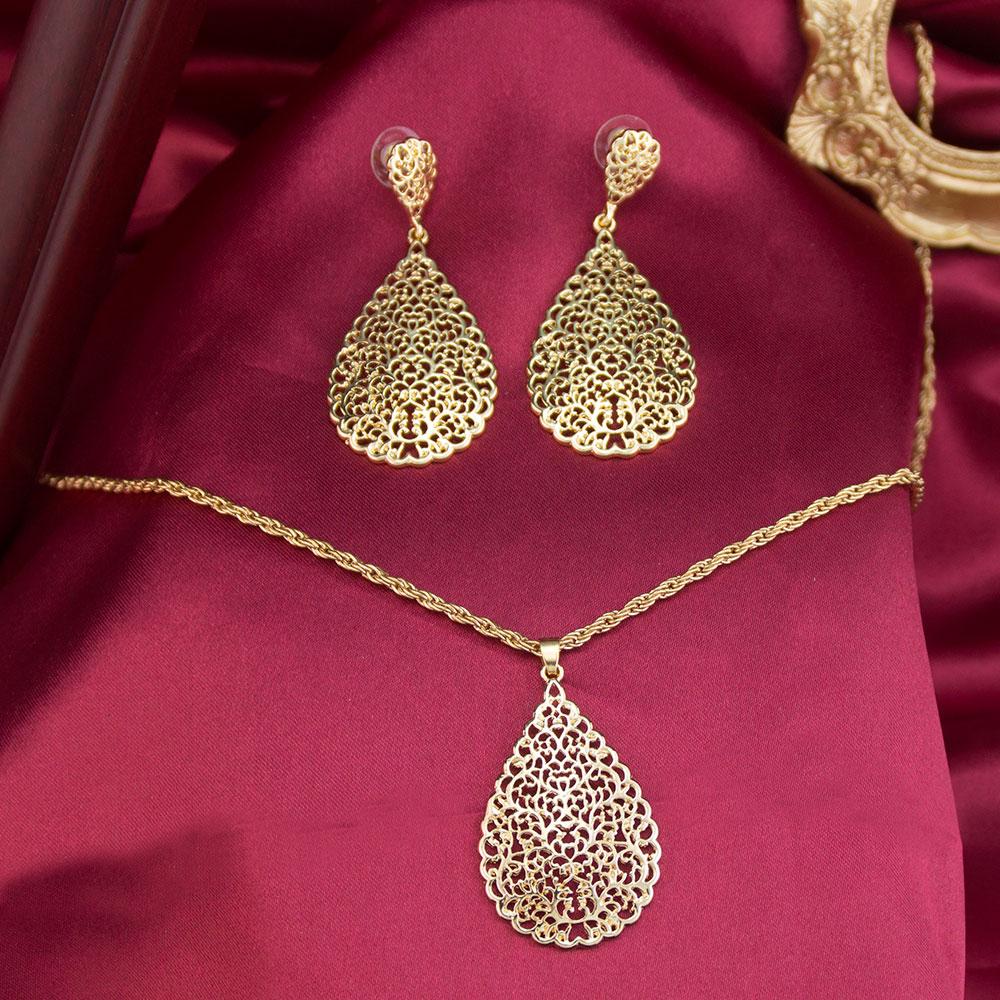 Sunspicems Gold Arabian Women Jewelry Set Hollow Teardrop Earrings Pendant Necklace Moroccan Bridal Bijoux Beach Jewel