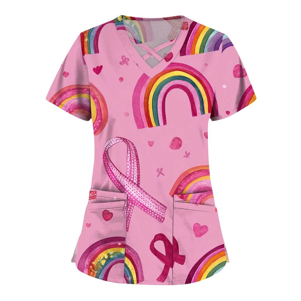 Dámská móda V-výstřih Krátký rukáv Kombinézy Kapsa s dvojitou vrstvou Tištěná trička Oblečení