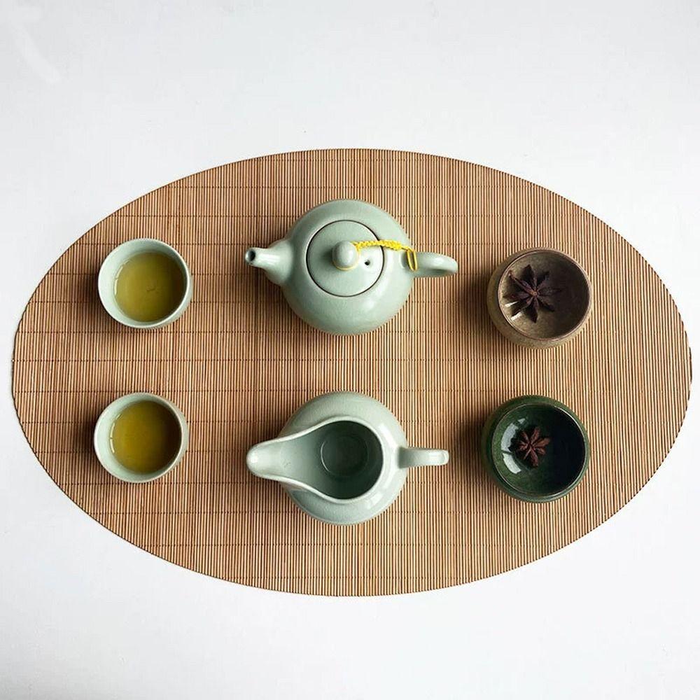 Fine Bamboo Woven Bamboo Tea Mat Heat Insulation Vintage Style Tea Ceremony Bamboo Mat Woven Bamboo Oval Shaped