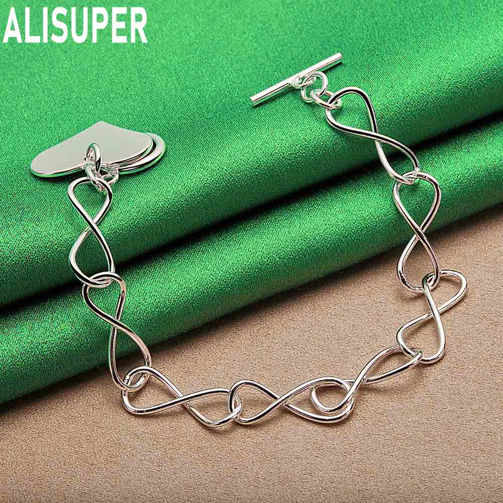 925 Sterling Silver Romantic Heart-Shaped Side Chain Charming Bracelet Gift Jewelry